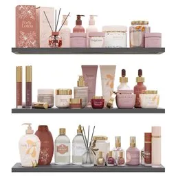 "Set of baths - shelves with beauty products and candles on a white background, inspired by Louisa Puller and Alexandre-Évariste Fragonard. Official product image featuring Julia Roberts, gilded lotus princess. High-definition render for Blender 3D enthusiasts."