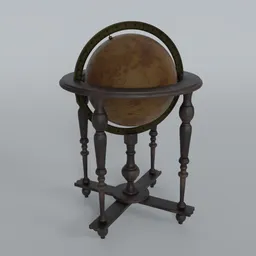 "Antique Floor Globe 3D model for Blender 3D - A detailed and realistic depiction of a vintage floor globe made from aged walnut with bronze adjustments and cardboard globe. Perfect for period scenes in den or library settings."