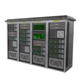 Detailed Blender 3D model of a futuristic server room console with multiple displays and panels.