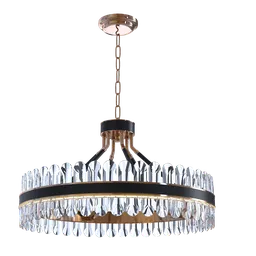 "Argus Round Crystal Chandelier - High detailed and photorealistic 3D model for Blender 3D. Featuring a circular crystal chandelier with intricate black obsidian details and 148 ft of mesmerizing lighting. Inspired by award-winning designers, this model is perfect for any 3D project. Rendered with Cycles for exceptional quality. Includes separate models for crystals, lights, chain, and chandelier holder. Total poly count: 56999 and vertex count: 59267. Explore more at Lumiere Lighting."