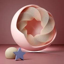 Pastel-colored abstract 3D scene with spherical model and geometric shapes for creative product display.