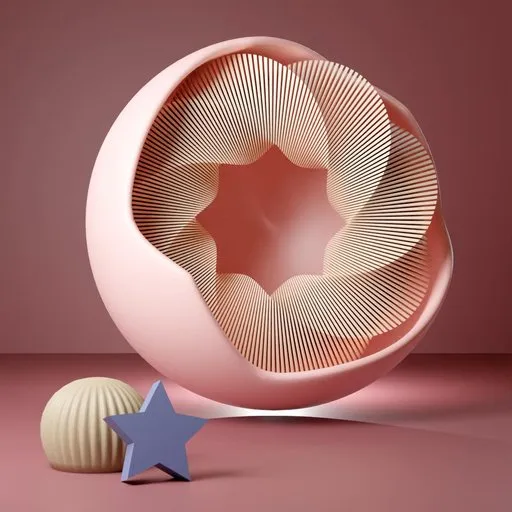 Pastel-colored abstract 3D scene with spherical model and geometric shapes for creative product display.