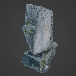 Detailed 3D scan of a jagged rock with moss textures, suitable for Blender rendering and virtual environments.