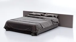 Realistic 3D model render of a modern, dark-toned fabric bed with pillows, optimized for Blender.