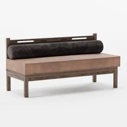 Detailed wooden 3D model bench with plush black cushions, ideal for Blender cafe and bar interior design visuals.