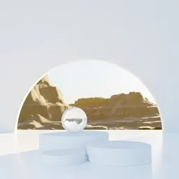 Minimalist 3D-rendered architectural podiums with arched backdrop in a desert canyon setting, ideal for product display.