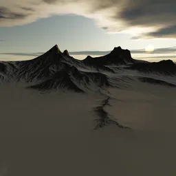 Detailed 3D snowy mountain terrain model with sharp peaks and sun, optimized for Blender rendering.