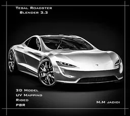 Highly detailed Tesla Roadster 3D model with PBR textures, rigged for animation, ideal for Blender renderings and game development.