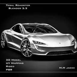 "3D Tesla Roadster model for Blender 3D featuring realistic textures and PBR. Rigged for short animations with modeled interior parts. Perfect for game development and design projects."
