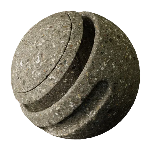 Textured PBR material sphere showing rough concrete with rubble mix, suitable for 3D Blender pathways.