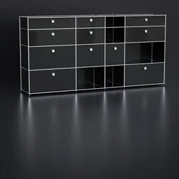 Detailed 3D model of a modern black office shelf with compartments for storage optimization, made for Blender.