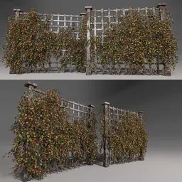 Intricate 3D vine-covered gate model, inspired by eerie film architecture, compatible with Blender.