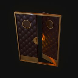 "Game ready lowpoly cinema door with a gold frame and black background rendered in Houdini. Inspired by Richard Gordon Kendall's mid-century modern design and perfect for blockchain vaults and gentleman's club lounges. This 3D model is a masterpiece with fine details and bling earbuds.