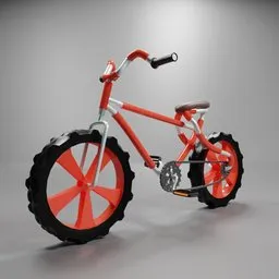 "Stylized cartoon lowpoly bicycle with orange wheels and black tires on a gray background. Rendered in Blender 3D, this 3D model by Thomas Scholes is a perfect choice for motion graphics projects. Ideal for children's toys or video game assets, this AI-generated image features realistic proportions and a touch of depth blur."