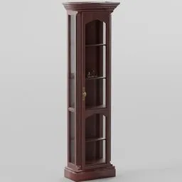 "Mahogany and glass antique curio/china cabinet with brass hardware 3D model for Blender 3D, inspired by Evert Collier. Tall and slender with wine red trim and exquisitely ornate details."