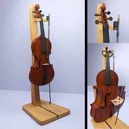 "Baroque-style violin model for Blender 3D featuring intricate details and a cherry wood pedestal. Based on the 1564 Andrea Amati plan for the Violin of France's Charles IX. Includes a bow for added realism and authenticity."