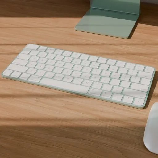3D-rendered wireless Apple keyboard with touch ID, compatible with Blender, on a wooden desk next to a mouse.