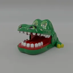 Detailed 3D rendering of a green crocodile toy with open jaws and sharp teeth, created in Blender 3D.