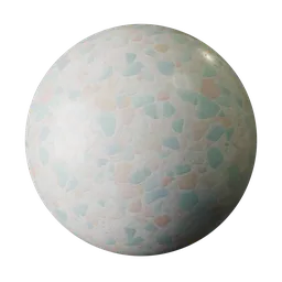 Seamless pastel terrazzo PBR texture for 3D rendering with soft pink, blue, green, and peach chips.