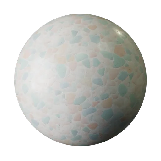 Seamless pastel terrazzo PBR texture for 3D rendering with soft pink, blue, green, and peach chips.