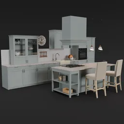 Detailed Blender 3D model featuring rustic style kitchen with cabinets, island, stove, and chairs.