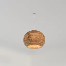 "DIY cardboard ceiling light fixture created using Blender 3D software. Versatile design suitable for classic, modern, and antique settings, and featured as part of a larger set available on the user's profile. High-quality product image with seamless wood texture and hanging yarn ball."