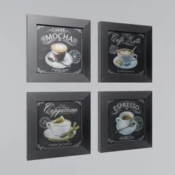 Alt text: "Highly detailed 3D model of a Coffee Frame with three square picture frames on a wall, featuring a cup of coffee. Ideal for interior design scenes. Created with Blender 3D software."