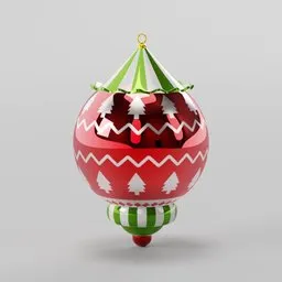 Detailed 3D Blender model of a festive red and green Christmas bauble with a pine tree pattern.