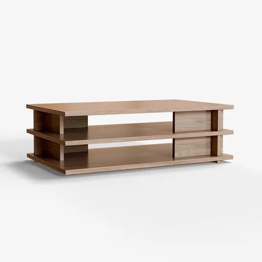 Detailed 3D model of a modern, low-profile cerused coffee table with cantilevered shelves.