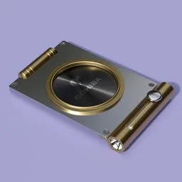 Realistic 3D-rendered cigar cutter, brass and steel finish, detailed textures, ideal for Blender artists.