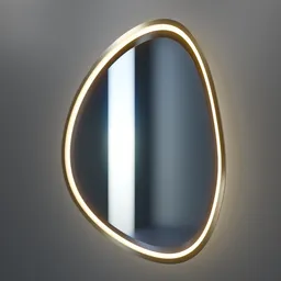 Asymmetrical 3D rendered mirror with illuminated golden frame, ideal for Blender design projects.