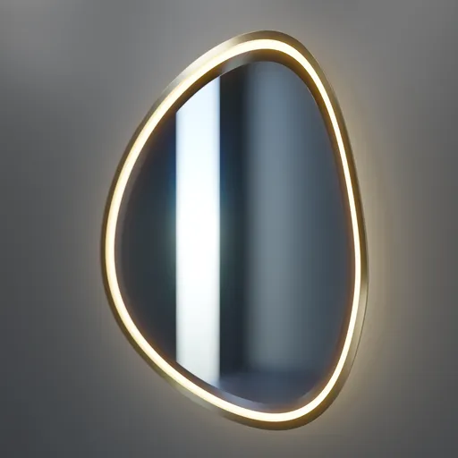 Asymmetrical 3D rendered mirror with illuminated golden frame, ideal for Blender design projects.
