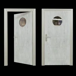 White wood textured 3D model door with circular glass panel for Blender modeling and animation.