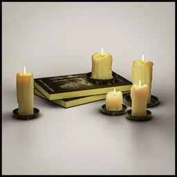 Realistic 3D-rendered melted candles setup, optimized for use with Blender, showcasing lighting and textures.