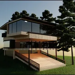 Contemporary hillside 3D model home with lush pines in Blender render.