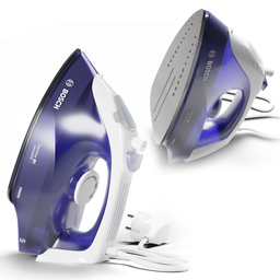 Detailed 3D render of a Bosch steam iron in purple and white, suitable for Blender 3D modeling projects.
