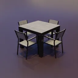 3D-rendered outdoor dining set for Blender, featuring a square table with four modern chairs on a neutral backdrop.