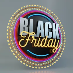 Stylized 3D Black Friday promotional badge with metallic and neon effects for Blender rendering