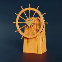 "Blender 3D model of a wooden and metal rudder on a ship's deck, inspired by Igor Grabar's design. Rendered in Redshift with intricate details and textures. Perfect for nautical-themed digital artwork and projects."