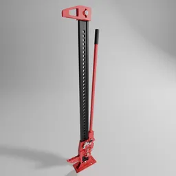 Detailed 3D model of red hydraulic car lift jack for vehicle maintenance, compatible with Blender 3D.