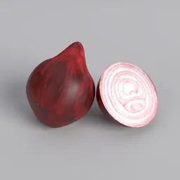 "Highly-detailed 3D model of a red onion set, including a cut version and decimated version, made using Blender 3D software. This hyperrealistic model features intricate textures and shadows, perfect for use in Unreal Engine renders or The Sims 4 modding. Inspired by the works of Walter Bayes and Karoly Brocky, this model is ideal for fruit and vegetable 3D rendering projects."