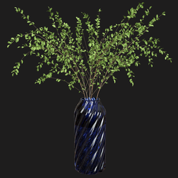 "Realistic indoor plant model for Blender 3D. Features vibrant foliage and winding branches of a willow tree in a navy blue vase on a black marble table. Ultra-optimized polygons for optimal performance."