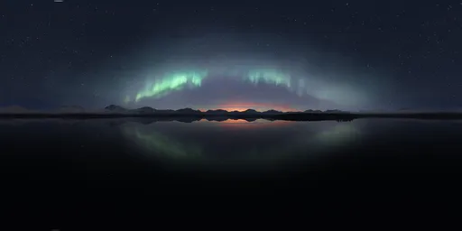 Starry sky over reflective lake with Northern Lights and mountaintops at dusk for HDR lighting.