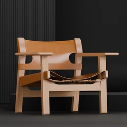 Detailed 3D rendering of an oak and leather lounge chair showcasing durability and Nordic-inspired elegance.