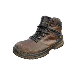 Highly detailed photorealistic 3D model of a rugged work boot with intricate textures, ideal for rendering in Blender.