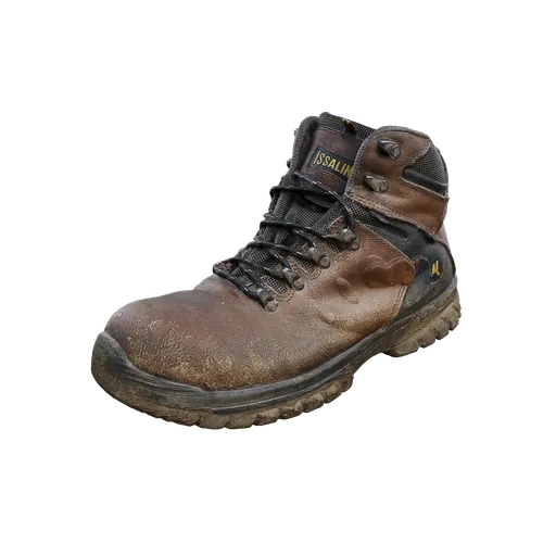 Highly detailed photorealistic 3D model of a rugged work boot with intricate textures, ideal for rendering in Blender.