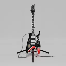 Detailed 3D model of electric guitar with adjustable strap and stand, inspired by 1959 Cadillac tail fin, for Blender.