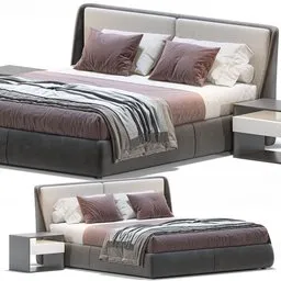 "A 3D model of the Bed Ditreitalia Bend with a headboard and footboard, rendered in dark and muted colors and inspired by Gentile Tondino. This full body render includes a table and upper torso in shades of grey. The model is available in Blender format, with dimensions of 228 x 208 x 99H and a polygon count of 503,053."