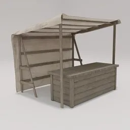 "Medieval Farmstall with canvas top - a 3D model for Blender 3D. Featuring wooden benches and merchant tents with burlap inspired by Christian Hilfgott Brand, this non-binary model brings a rustic vibe with rust, dust, fire, and dirt. Perfect for retail and exterior designs. Available on Gumroad."