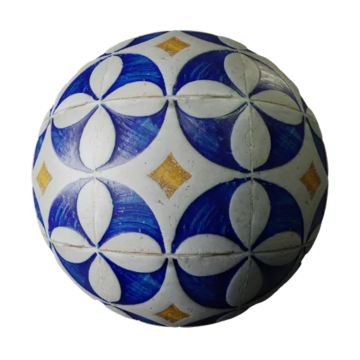 Hand-painted blue and white ceramic tile texture with gold accents for Blender 3D PBR setups.